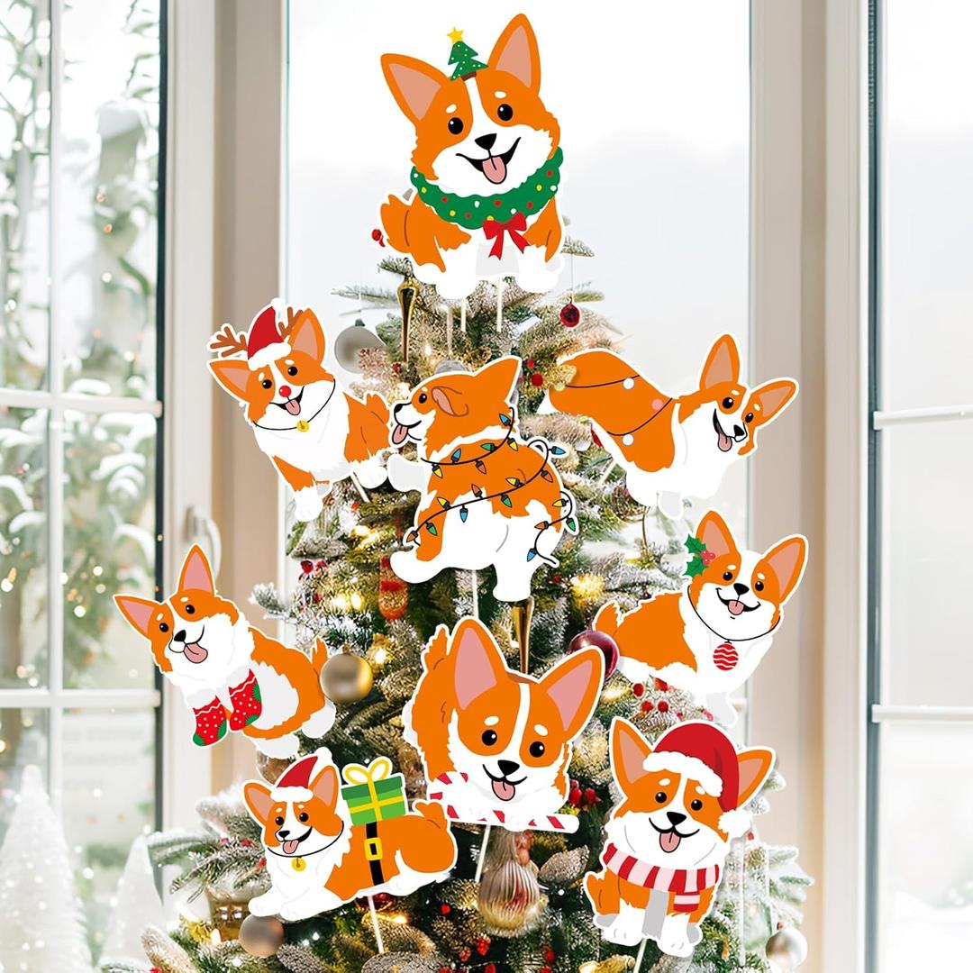 Christmas Corgi Tree Topper 9Pcs Ornament Tree Decorations for Xmas Tree Top Decoration Indoor Outdoor Home Decor Holiday Party