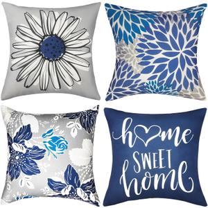 Decorative Throw Pillow Covers Set of 4 Blue Pillow Covers 18x18 inch Throw Pillow Cases Linen Square Pillow Case,Farmhouse Outdoor Modern Boho Pillow Covers for Couch Sofa Living Room