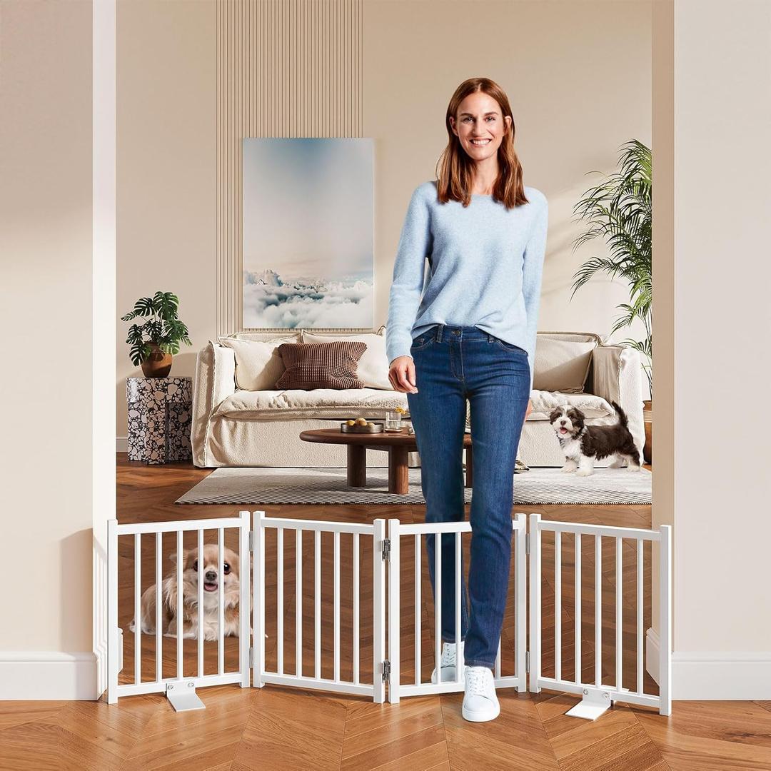 Snughome Short Dog Gate Indoor, 16" High Freestanding Small Dog Door Gates with Support Feet, Expands Up to 48 Wide Foldable Pet Gate for Doorway, 4 Panel Folding Pet Door Pet Fence for Puppy, White