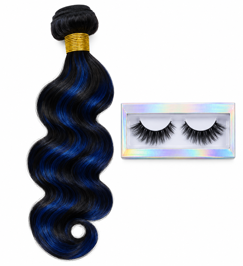 Anmetan Blue and Black Human Hair Bundles Body Wave, 13A Soft Thick Brazilian 100% Human Hair 3 Bundles, #F1B/BL Colored Midnight Blue Peekaboo Highlight Hair Sew In Wavy for Women 12 14 16 Inch, And 2 Pcs Eye Lashes