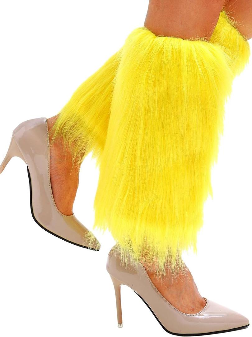 Fuzzy Leg Warmer Winter Fluffy Leg Warmers Boot Covers Mardi Gras Y2k Cosplay New Year Rave Outfit for Women (11.8 in, Yellow)