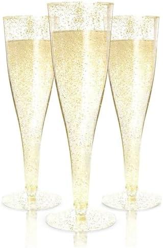 Prestee 49 Gold Plastic Champagne Flutes - 4.5 oz Disposable Champagne Glasses for Toasting at Weddings, Mimosas, Cocktails, Great Gatsby Party Decorations, and Events