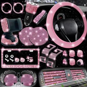 NBTEPEM 27-Piece Bling Car Accessories Set - Universal Fit Steering Wheel Covers, License Plate Frames, Phone Holder, Car Fast Charger, Coasters (Pink)