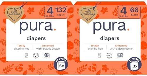 Pura Sensitive Skin Baby Diapers | Size 4 (18-31 lbs) | Bulk, Hypoallergenic, Totally Chlorine Free, Fragrance Free, | 9 Packs of 22 (198 Diapers)