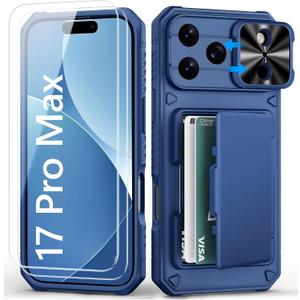 BXYJY for iPhone 17 Pro Max Case Wallet with Screen Protector (Tempered Glass), Slide Camera Cover, Military Grade Drop, Card Holder (4-5 Cards), Heavy Duty Men Women Case for iPhone 17 Pro Max, Blue