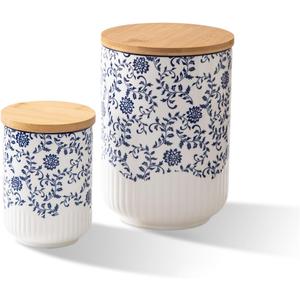 Canisters Sets for the Kitchen - 2 Pcs 74/18 oz Ceramic Kitchen Containers for Countertop with Airtight Wood Lids - Flour and Sugar Containers for Coffee Tea Spice Beans Cookie Jars - Blue