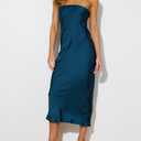 Summer Satin Strapless Backless Wedding Guest Midi Dress for Women Elegant Tube Top Sleeveless Tie Back Maxi Dresses (Teal, L)