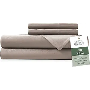 Hotel Sheets Direct 4 Piece Bed Sheet Set King Size, 100% Viscose Derived from Bamboo Sheets Set with 2 Pillowcases, Cooling & Breathable Luxury Bedding, MoistureWicking & Silky Soft Texture, Sand