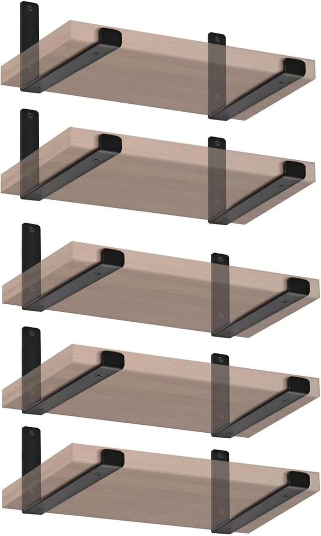 10 Pack - 11.25" L x 6" H x 1.5" W J Lip Shelf Brackets Rustic Farmhouse Iron Wall Floating Shelf Bracket Metal Shelf Bracket Industrial Shelf Supports with Screws Black