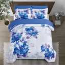 Sunshine Nicole Soft Brushed Microfiber Comforter Set, 7 Pieces Queen, with Light Weight Soft Poly Fill, Printed Dark Blue Grey Big Florals Face with Print Reverse