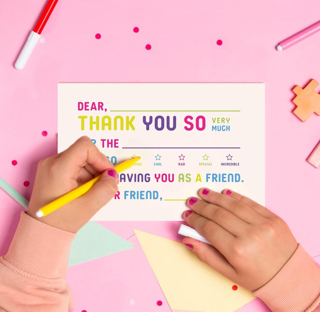 ThreeKin Collective 25-Pack Kids Fill-in-the-Blank Thank You Cards with White Envelopes - 4x6 Double-Sided Postcards | Fun and Colorful Design for Birthdays, Holidays, and More (Colorful)