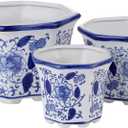 HakkaGirl Ceramic Planter, Chinoiserie Decor Ceramic Flower Pots Plant Pots Indoor with Drainage for Orchid Succulent or Small Plants, Blue and White, Set of 3