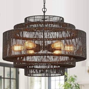 Hand-Woven Rattan Chandelier Large Boho Chandelier Living Room 25.6in Coastal 6-Light Farmhouse Vintage Wicker Bamboo Chandeliers for Bedroom Dining Room Stairway (Golden-D)
