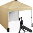 10'x10' Pop Up Canopy Tent with 2 Sidewall & Vented Roof,One Push Setup Instant Shade Shelter for Beach, Camping, Events,Includes STO-N-Go Bag, 8 Stakes, 4 Ropes & Sandbags (Commercial-Grade),Khaki