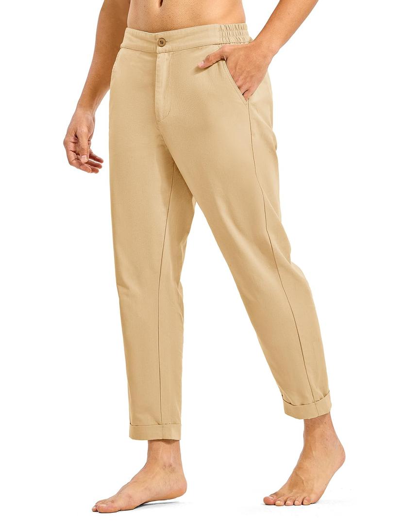 Rdruko Men's Linen Pants Lightweight Casual Cotton Pants Elastic Waist Beach Summer Pants with Pockets, Khaki, L (XXL)
