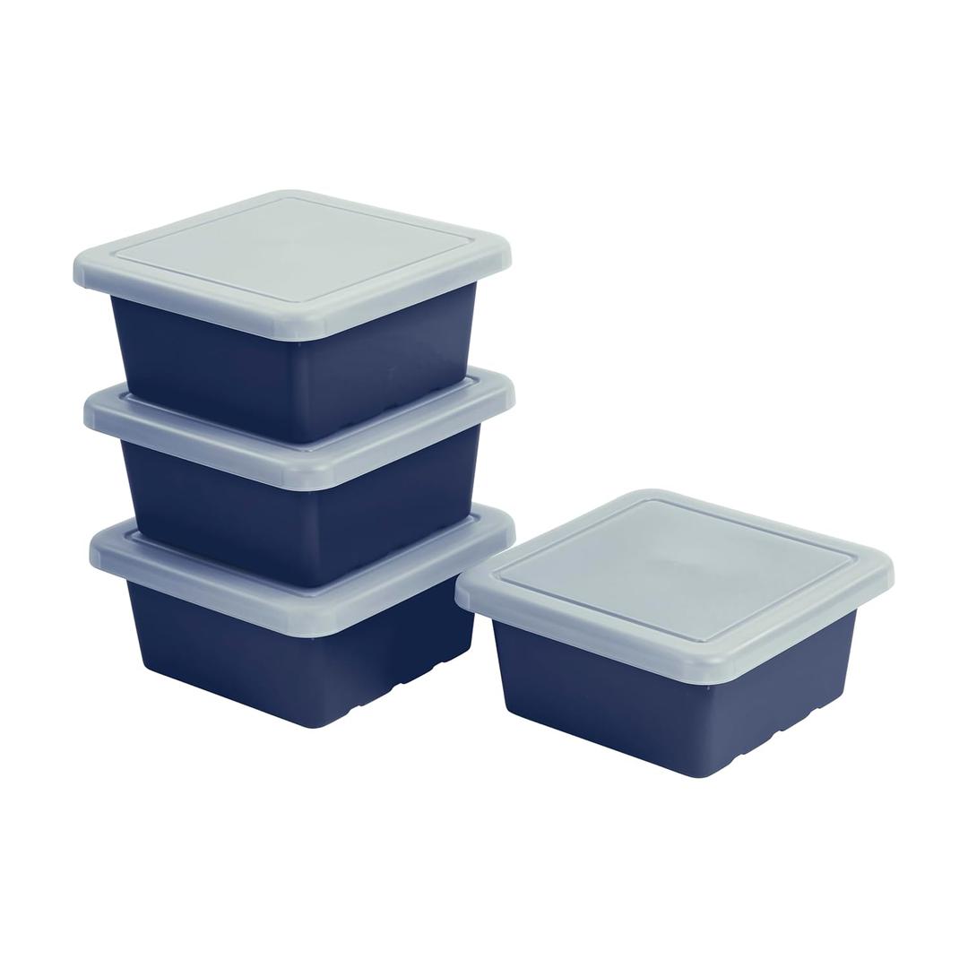 ECR4Kids Square Bin with Lid, Storage Containers, Navy, 4-Pack