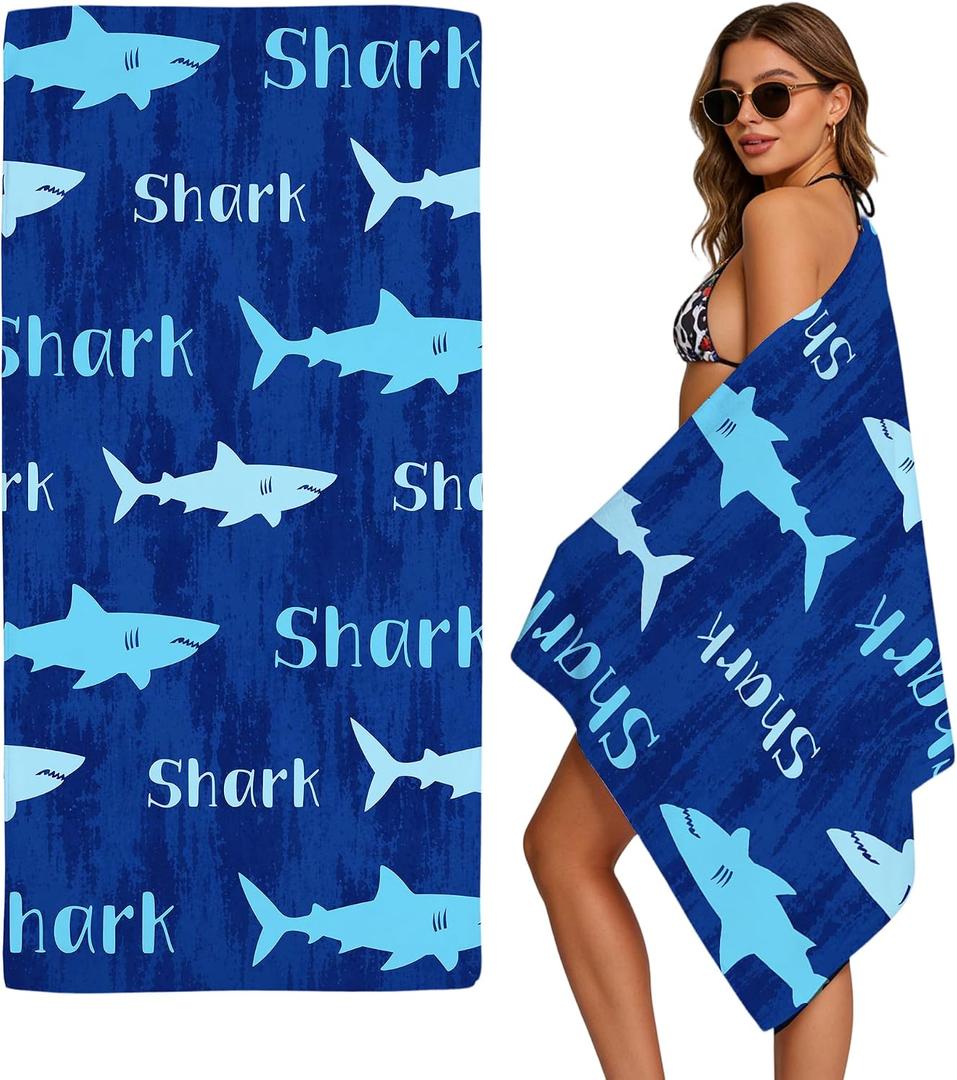 Casual Blue Shark Text Microfiber Beach Towel Oversized 71"x35" Sand Resistant Quick Dry Lightweight Ocean Lover Gift for All Ages Multiuse for Pool Camping Travel