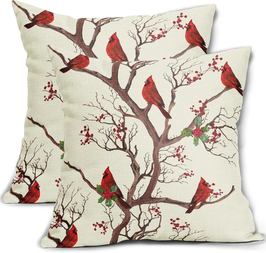 Red Winter Bird Pillow Covers 18x18 Set of 2 Rustic Christmas Bird Branches Leaf Print Decorative Outdoor Pillowcases Rustic Farmhouse Throw Cushion Case Decor for Couch Sofa Bed