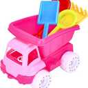Top Race Beach Dump Truck - Sand Toy Set of 5 - Kids Dump Truck - 4 Multicolored Shovels and 1 Pink Sand Truck (5.9" H x 8.2" L x 5.7" W) - Ideal for Sandcastles & Outdoor Adventures