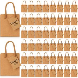 Zhehao 50 Pack Mini Gift Bags Bulk 4 x 2.75 x 4.5 Inch Tiny Paper Gift Bags with Handles and Tags Extra Small Paper Container for Birthday Party Favors Wedding Baby Shower Small Business(Kraft Color)