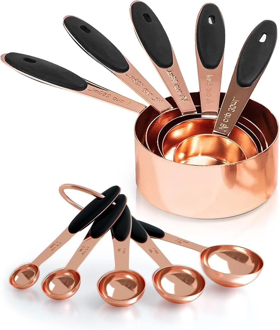 Joyhill Copper Measuring Cups and Spoons Set of 10 Piece, Stainless Steel Nesting Measuring Cup Set with Soft Touch Silicone Handles for Dry and Liquid Ingredients (e)Rose gold-Black)