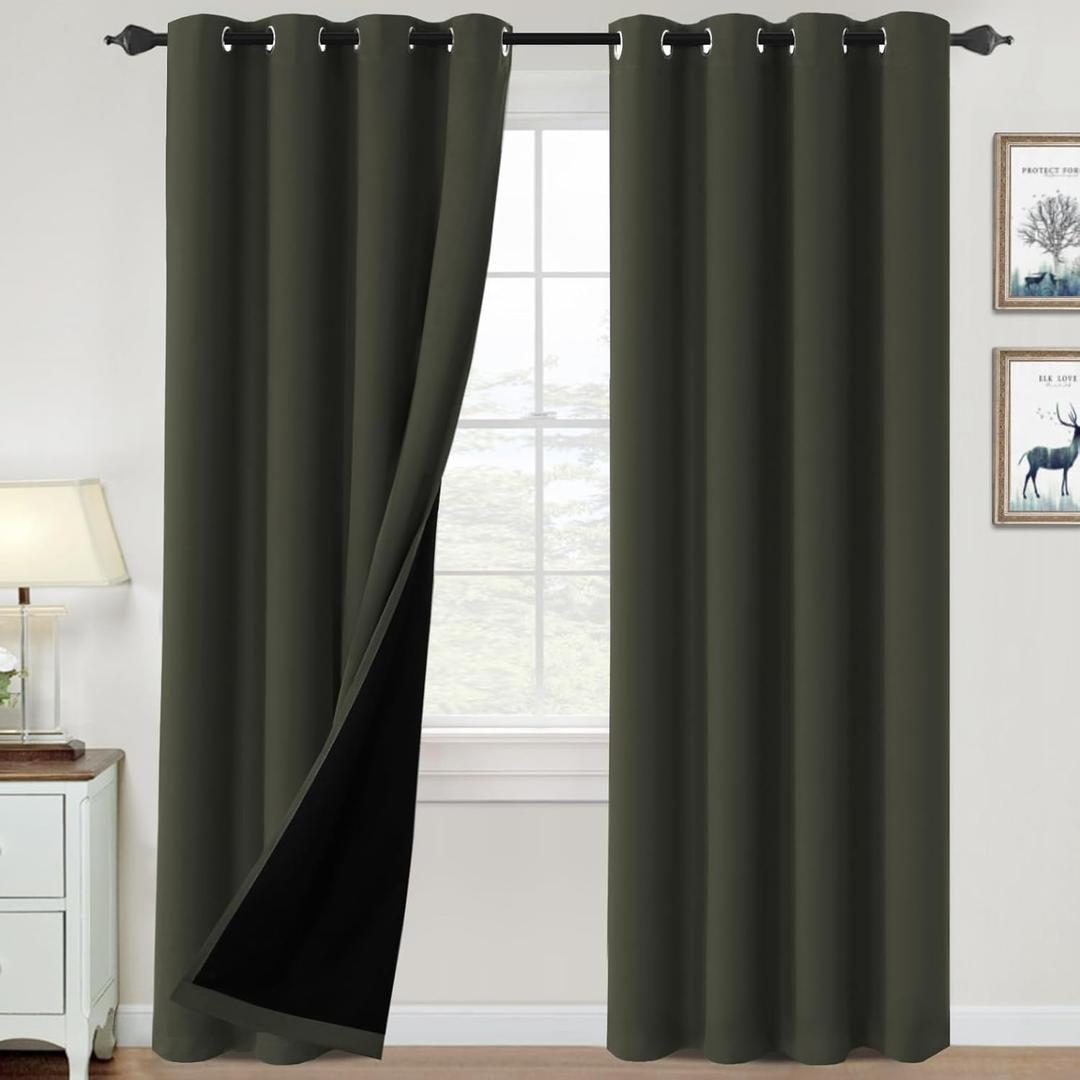 H.VERSAILTEX 100% Blackout Curtains for Bedroom Thermal Insulated Blackout Curtains 84 inch Length Heat and Full Light Blocking Curtains for Living Room with Black Liner 2 Panels Set, Olive