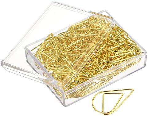 MECCANIXITY Paper Clip Drop-Shaped Cute Decorative Clips Bookmarks with Box 1.3 Inch Gold Tone for Organize Office Home, Pack of 100