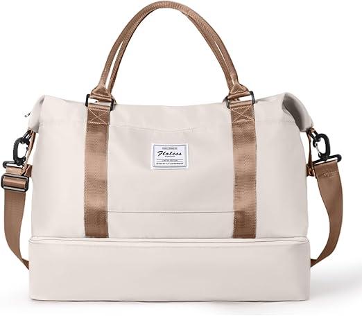 BAGAIL Travel Duffel Bag, Weekender Bags for Women, Overnight Gym Carry On Tote Bag with Wet Pocket, Hospital Mom Bag for Labor and Delivery - Extra Large Set, Beige (A-Beige)