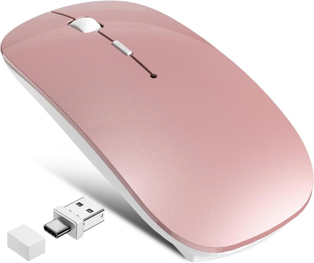 Wireless Mouse Jiggler - Bluetooth Rechargeable Computer Mouse with Undetectable Jiggler Mice Mover, Silent Click Slim Optical USB C Mouse for iPad Pro MacBook Air/Pro Mac Laptop PC - Rose Pink