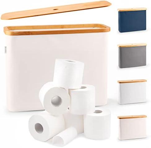 LONBET Toilet Paper Storage for 12 Rolls, Stackable & Foldable - The Ultimate Bathroom Organizer - Waterproof Basket with Bamboo Lid - Elegant Toilet Paper Storage Holder, Light Gray