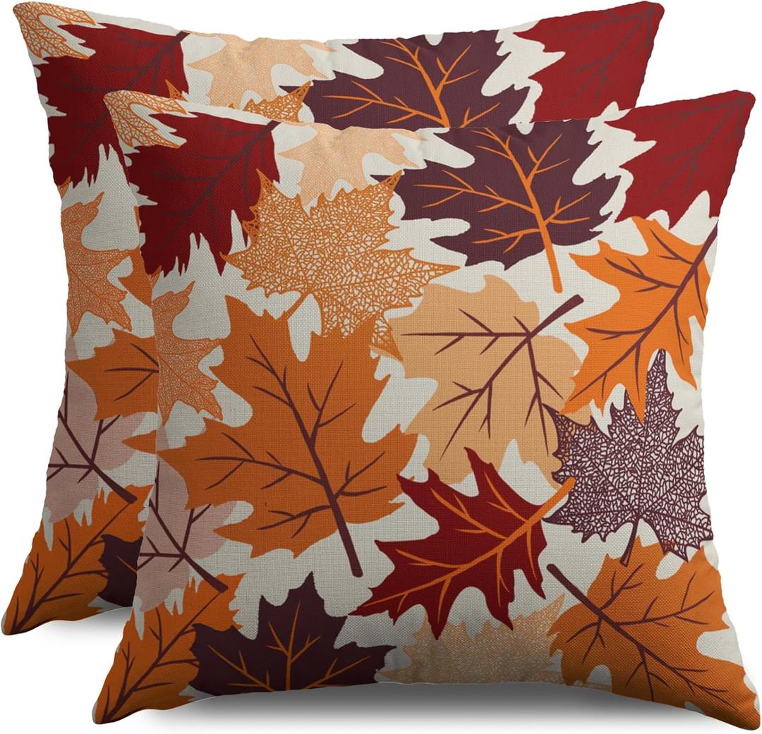 Fall Pillow Covers 18X18 Set of 2, Maple Leaf Autumn Colored Burnt Orange Leaves Harvest Thanksgiving Throw Pillowcases Holiday Theme Seasonal Outdoor Farmhouse Cushion Cases Couch Sofa Bed Decor