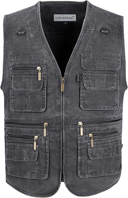 Men's Stone Washed Denim Multi-Pocketed Fishing Work Outerwear Vest
(Large, Black)