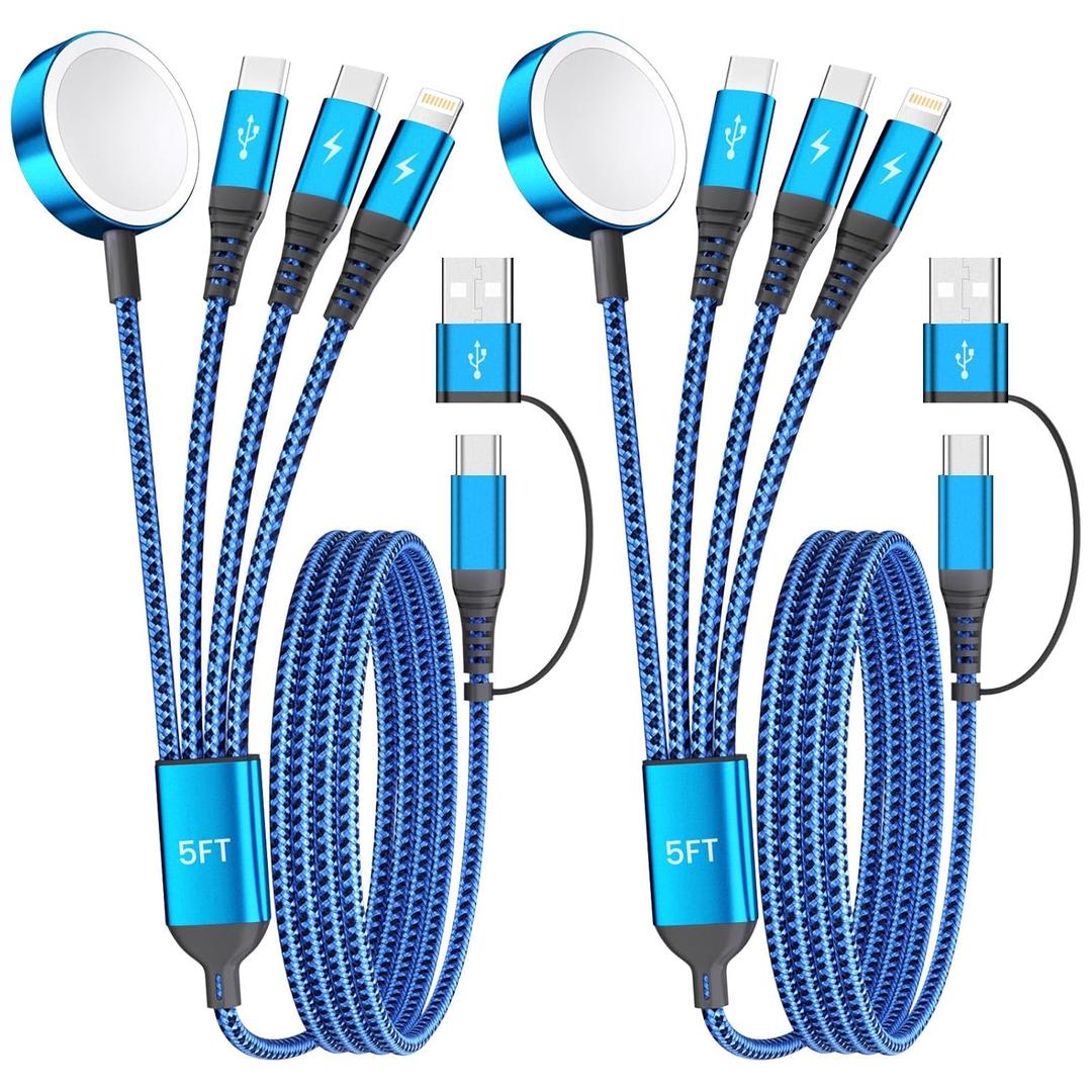 Multi Charging Cable with Dual Type-C Ports, 4 in 2 USB A/C Charing Cord for Apple Watch Charger/iPhone Charger/L Port, 5FT 2Pack iWatch Cable Travel Essentials for iWatch/iPhone 17-11/Android