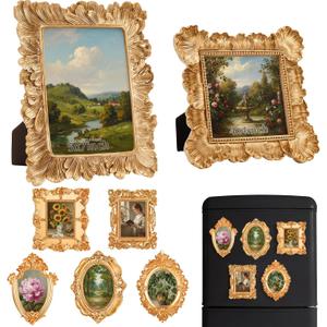 Teenyyou 7 Pcs Vintage Resin Picture Frames Set Antique Gold Mini Photo Frames Small Baroque Oval Rectangle Ornate for Home Display Wedding Favors 4x4, 5x7inch(Palm Leaf Style)