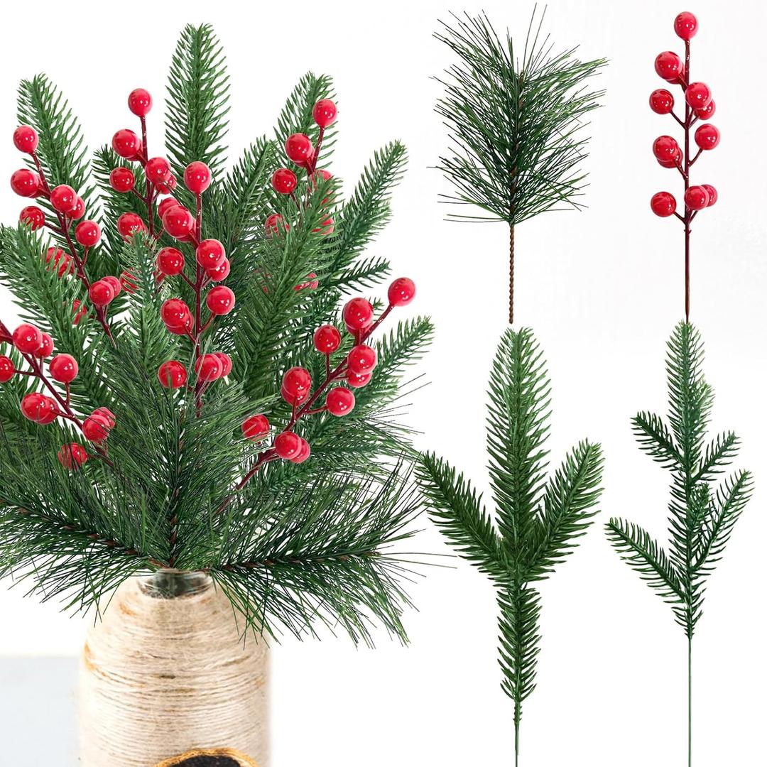 24 Pcs Christmas Artificial Pine Picks and Red Berry Stems, 10.5 Inch Greenery Pine Sprigs, 8 Inch Red Berry Branches, Faux Holiday Floral Picks for Wreaths, Garlands, Craft DIY, and Xmas Decorations