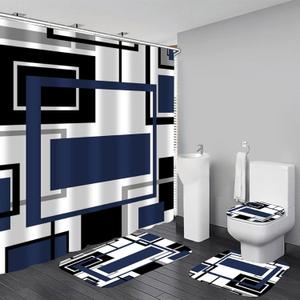 4 Pcs Blue Geometric Shower Curtain Sets with Rugs Blue Bathroom Sets with Shower Curtain and Rugs Modern Bathroom Curtains Shower Set with Toilet Lid Cover for Bathroom Decor Accessories (Gz-02)