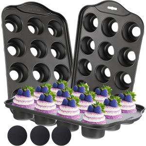 3-Pack Mini Cheesecake Pans Removable Bottom, 12-Cavity Mini Muffin Baking Pan, Carbon Steel Nonstick Round Cupcake Mold, 13" x 8"