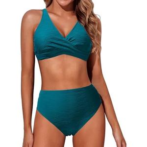 Aqua Eve Women High Waisted Bikini Twist Front Swimsuits Lace up Bikini Tops Ruched Push up 2 Piece Bathing Suits Size M
