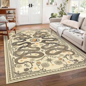 Snake Washable Rugs 5x7 Area Rug for Living Room Forest Soft Low-Pile Stain Resistant Thin Carpet for Bedroom Dining Nursery Non Slip Mat with Rubber Back Beige