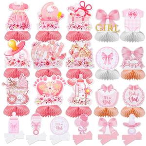 21 Pcs Pink Baby Shower Decorations,Bow Honeycomb Decoration, Girl Pregnancy Announcement Table Decorations Gender Reveal Party Supplies