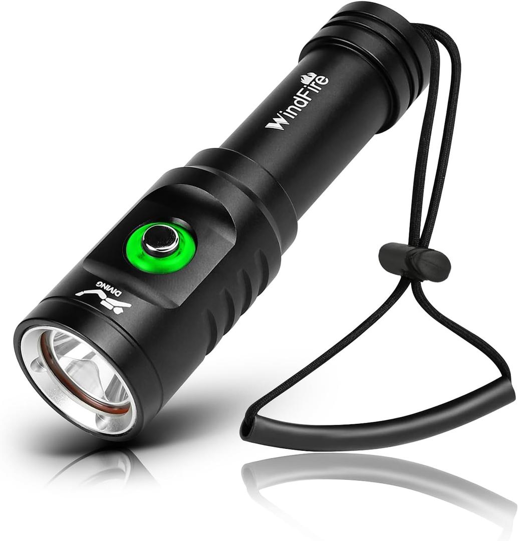 WINDFIRE Dive Light Scuba Diving Flashlight, Super Bright Rechargeable Waterproof Torch with Power Indicator, 3 Modes Underwater Lights, Scuba & Snorkeling Safety Dive Lights for Night Diving (Black-TS08)