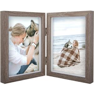AEVETE 5x7 Double Picture Frames Hinged Wood Folding Picture Frames Vertically Display, Real Glass Front, Gray