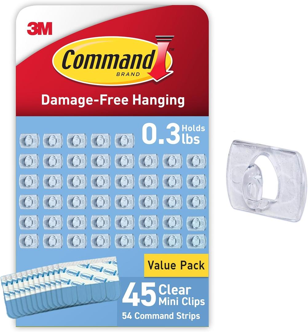 Command Indoor Mini Light Clips, Damage Free Hanging Christmas Light Clips, Mini Wall Clips for Hanging Indoor Christmas Decorations, Lights and Cables, 45 Clear Clips and 54 Command Strips