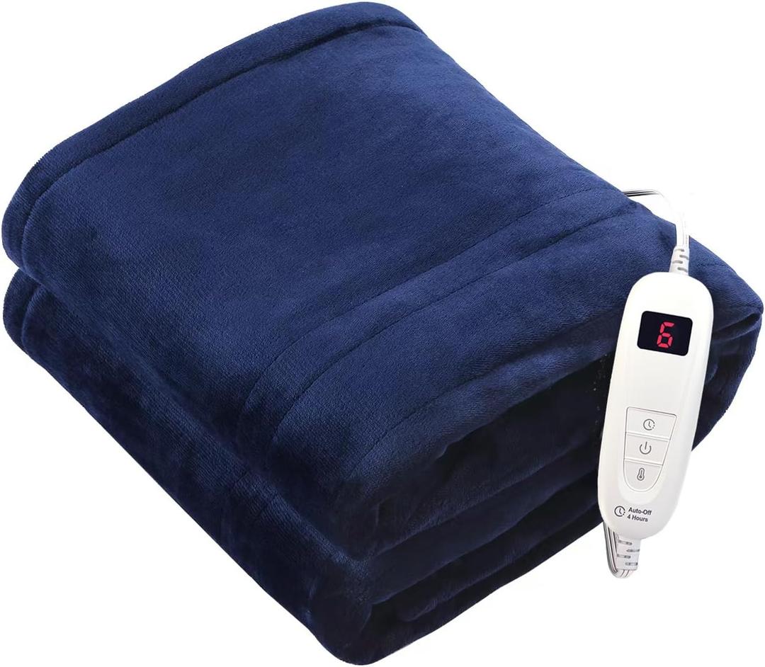 Tefici Electric Heated Blanket Throw, Super Cozy Soft 2-Layer Flannel 50" x 60" Heated Throw with 6 Heating Levels & 4 Hours Auto Off, Machine Washable, ETL&FCC Certified, Home Office Use, Blue, Throw