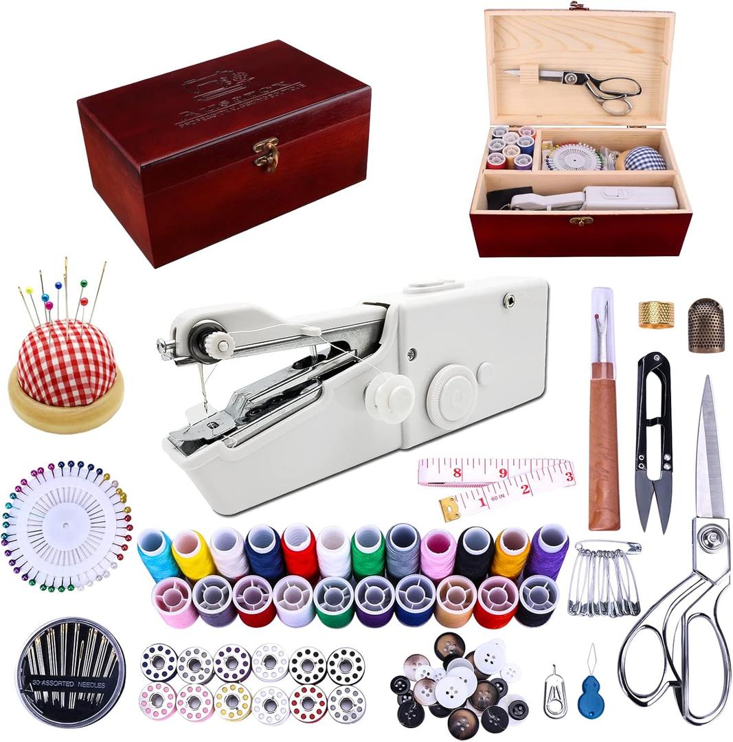 Handheld Sewing Machine, with Elegant Wooden Sewing Box and 153-Piece Sewing Kit, Mini Portable Cordless Hand held Sewing Machine, Perfect for Adults, Beginners, and Quick Home Repairs (White)