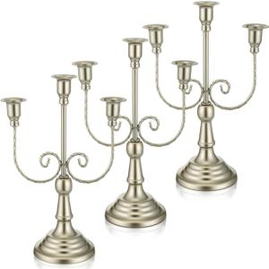 Dandat 1 Pcs 3 Arm Metal Candelabra Candlestick Holders Tall Candlestick Holders Gothic Candle Holder for Home Wedding Church Christmas Party (Retro,11.8 Inch, Matte Silver)