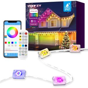 POOFZY Permanent Outdoor Lights for House,200ft RGB+IC Smart Outdoor Decor, 50 Scene Modes,App/Remote Control,IP67 Waterproof,for Christmas,Halloween,Daily & Holiday Party Decor,House Roof Lighting