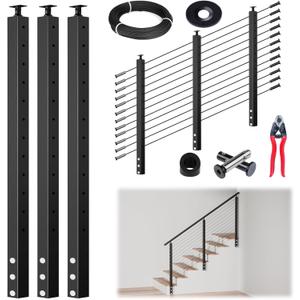 Muzata 10-15FT Modular Black Side Mount Cable Railing Kit 42 Inch 3 Stair Post Kit Complete Set Cable Railing System for Stairs Length Adjustable with Paper User Guide (No Handrail) RWF1 BA4L