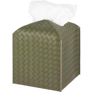 Tissue Box Cover PU Leather Tissue Holder Square Facial Tissue Case Facial Paper Organizer Dispenser for Bathroom, Vanity Countertop, Tabletop, Car, Olive Green