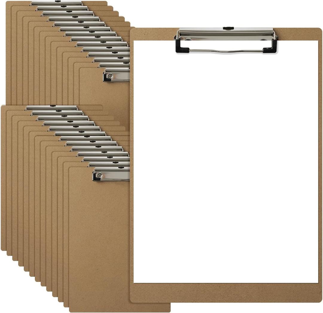 HappyHapi 28 Pack Clipboard 8.5 x 11 Letter Size Clip Boards Bulk, A4 Wooden Hardboard Office Clipboards Pack for Classroom, Work-Meetings, Brown